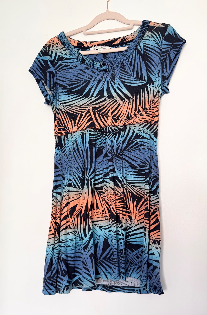 Fat Face Tropical Palm Print Dress UK 10 Blue Coral Viscose Summer Dress