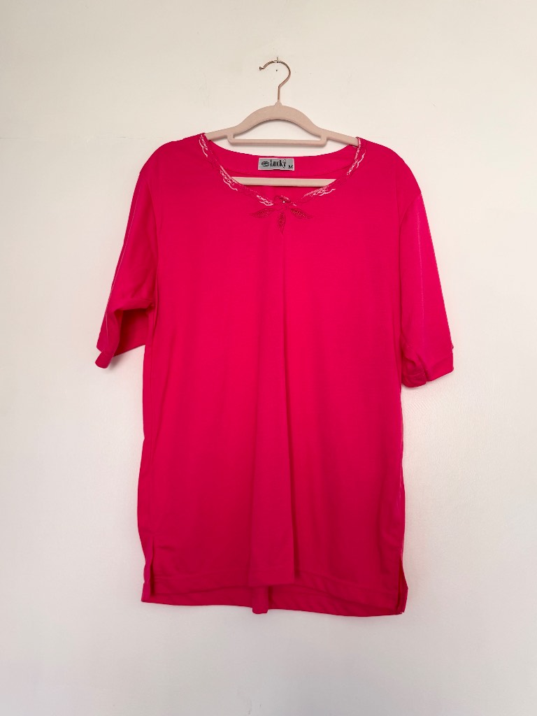 Lucky Hot Pink Embellished Tunic Top Size M UK 12-14 Y2K Bright Summer Top