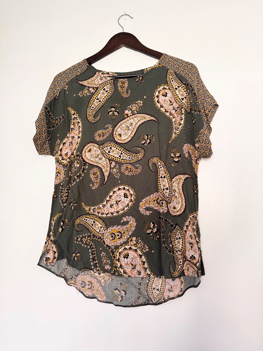 Dorothy Perkins Khaki Paisley Floral Blouse Top UK 12 Boho Lightweight Summer