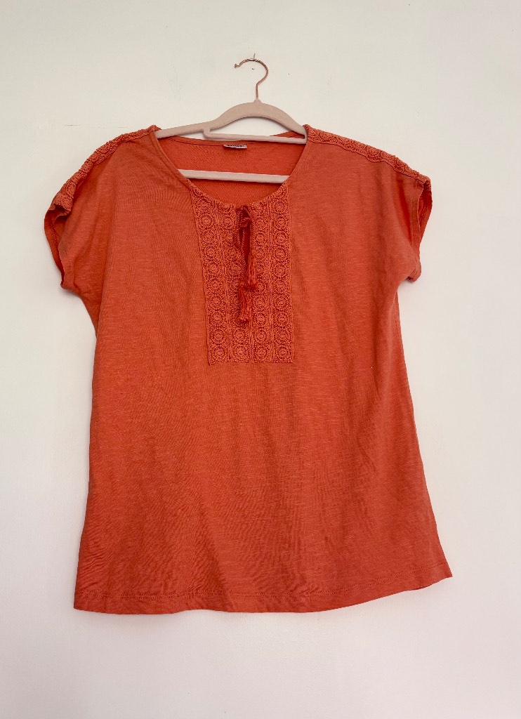Damart Coral Orange Crochet Detail Cotton Top UK 10/12 Boho Summer Tassel Blouse