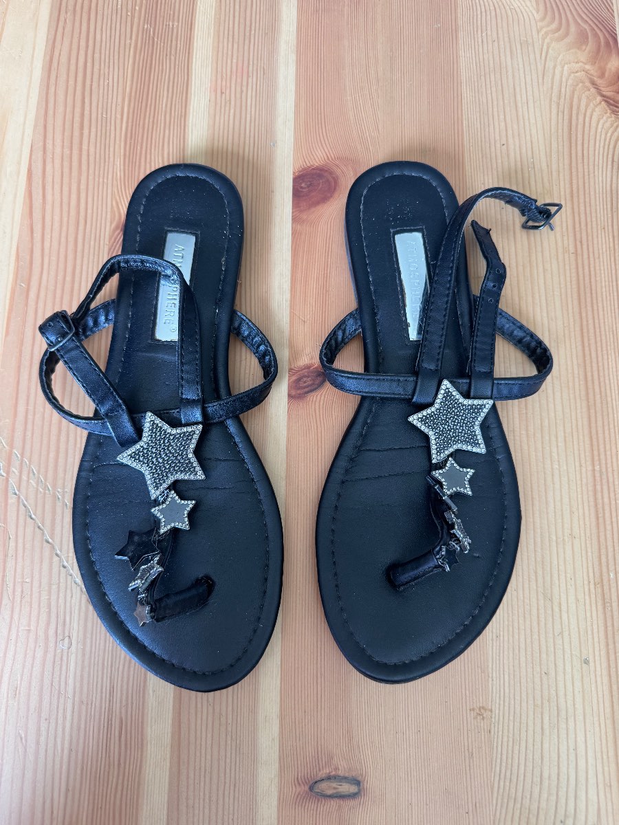 Atmosphere Black Star Embellished Flat Sandals UK 4 EUR 37 Summer Holiday Shoes