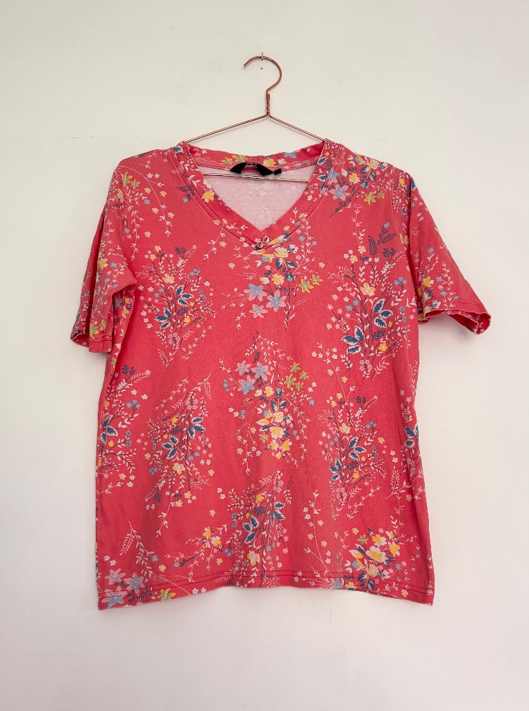 ISLE Essentials Pink Floral Cotton V-Neck Top UK 18-20 Summer Short Sleeve T-Shirt