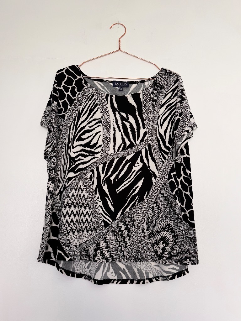 Saloos Black & White Animal Print Stretch Top UK 18 Zebra Abstract Pattern Short Sleeve