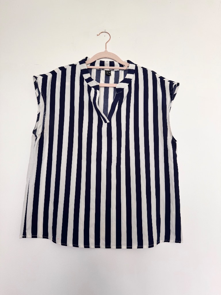 SHEIN Navy & White Striped Sleeveless Blouse UK 12/14 Smart Casual Top