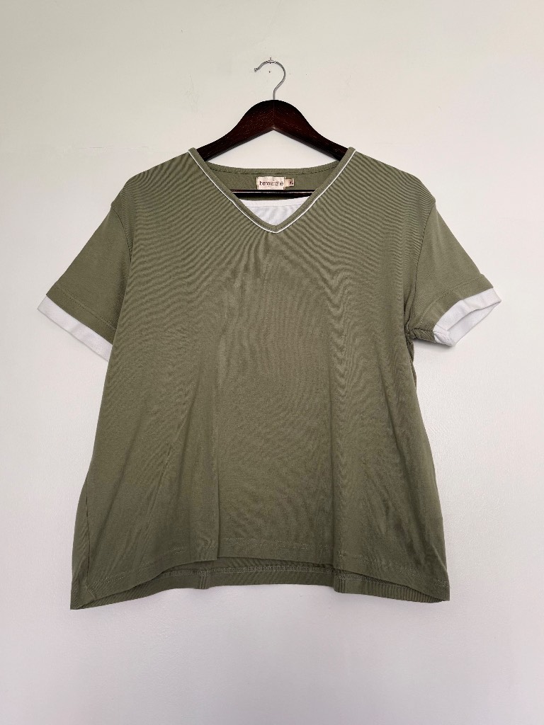 Bonmarché Sage Green V Neck T-Shirt XL Casual Cotton Top Short Sleeve