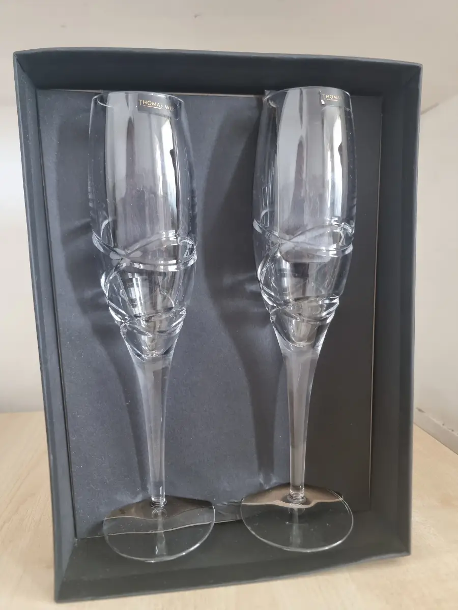 Pair of Thomas Webb Diana Crystal Champagne Flutes Glasses – Boxed Set