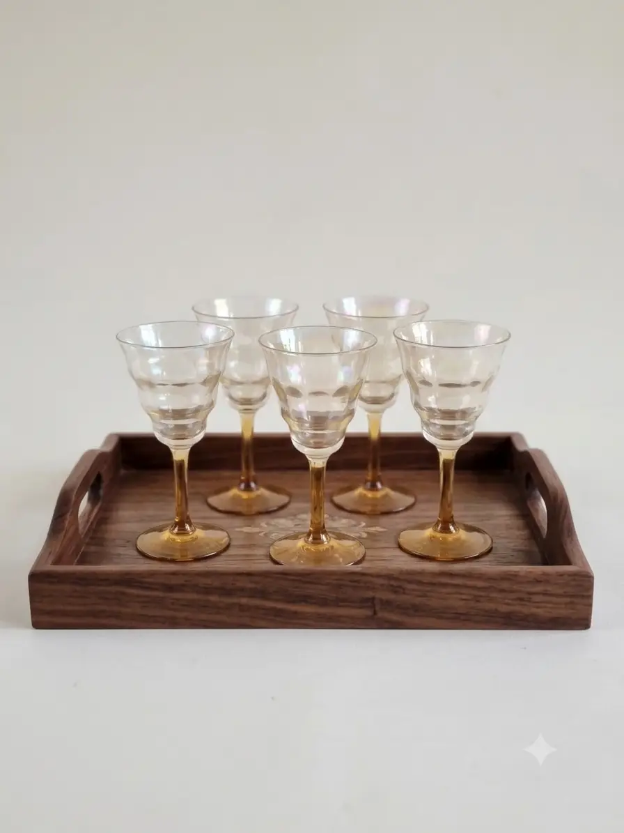 Art Deco Iridescent Liqueur Cordial Glasses Amber Stem Set of 5  Victorian