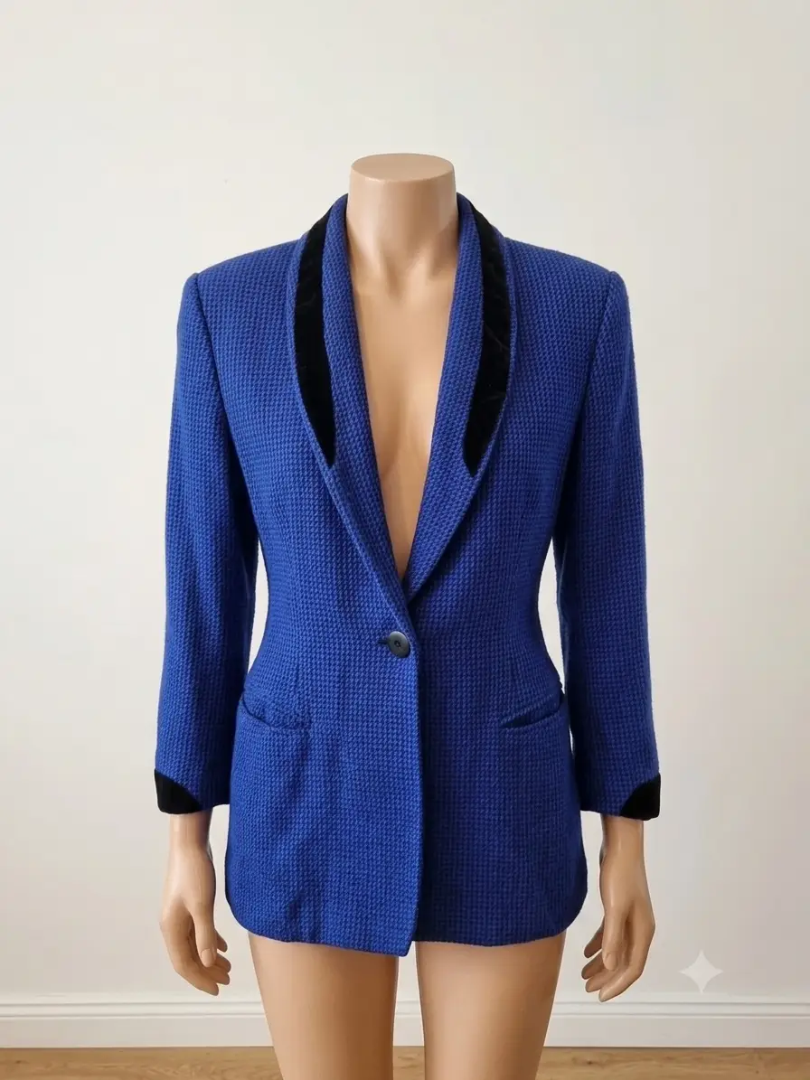 VTG Escada Margaretha Ley Blue Wool Blazer Jacket Velvet Trim Germany Size 42