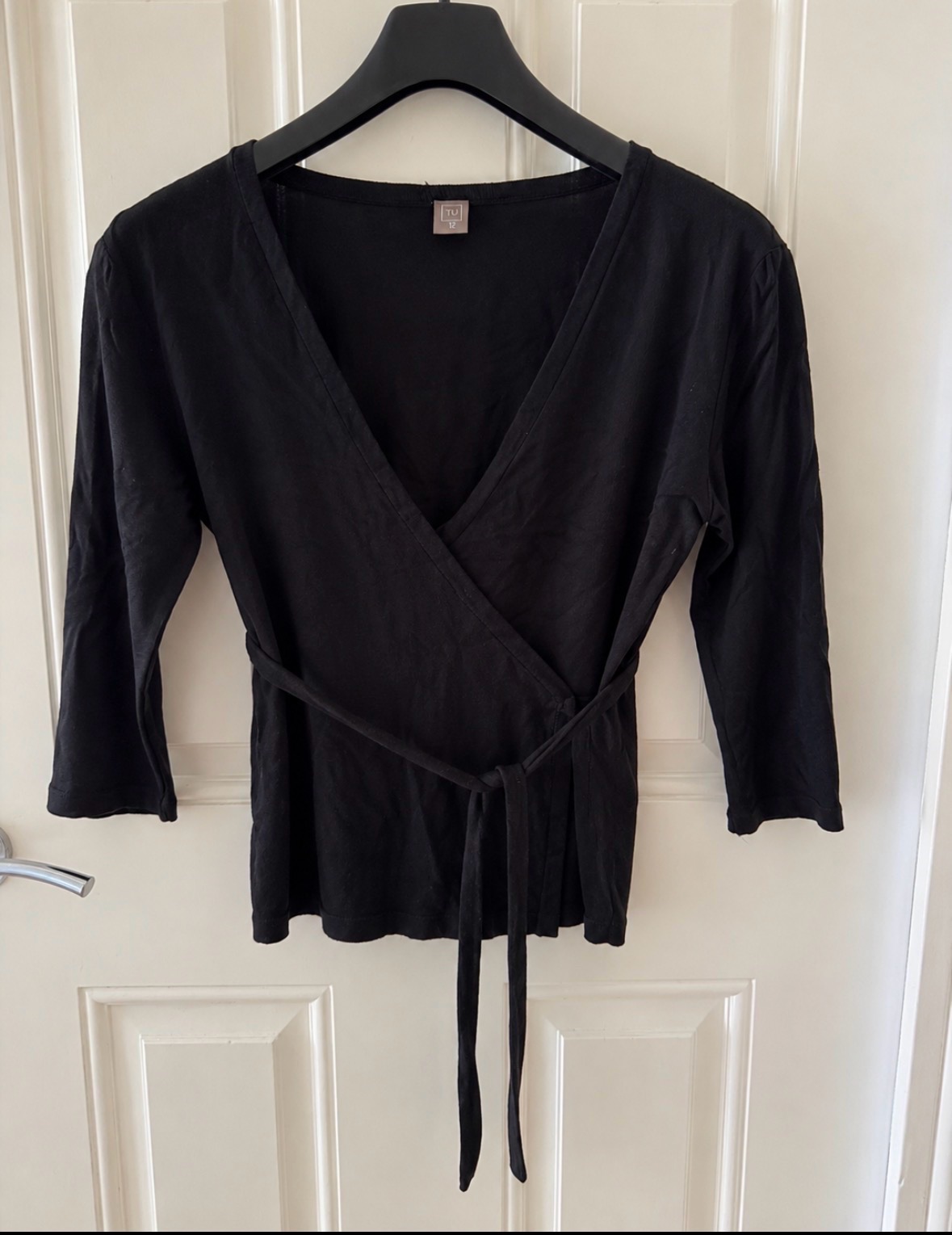 TU black wrap tie waist V-neck top black UK 12