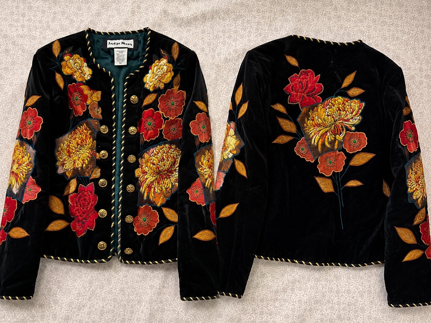 Indigo Moon black velvet embroidered floral jacket XS beaded