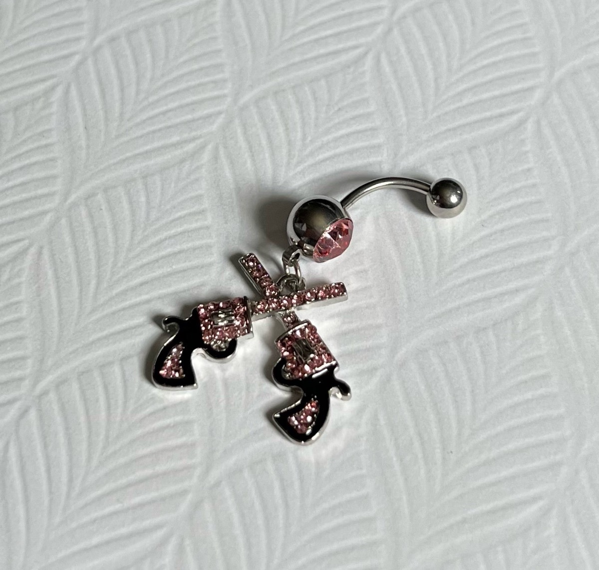 Silver tone Pink gem dangly belly bar