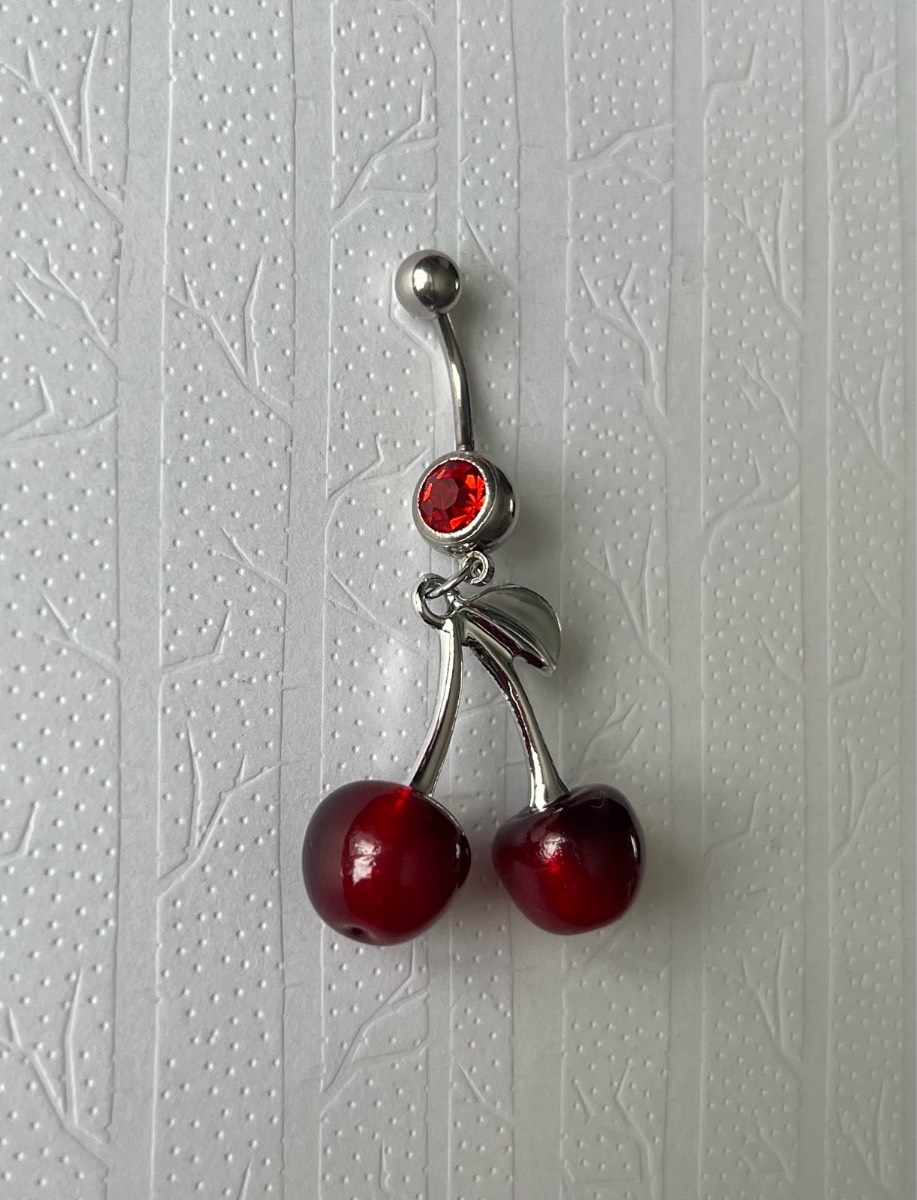 Stainless steel red gem cherry dangly belly bar