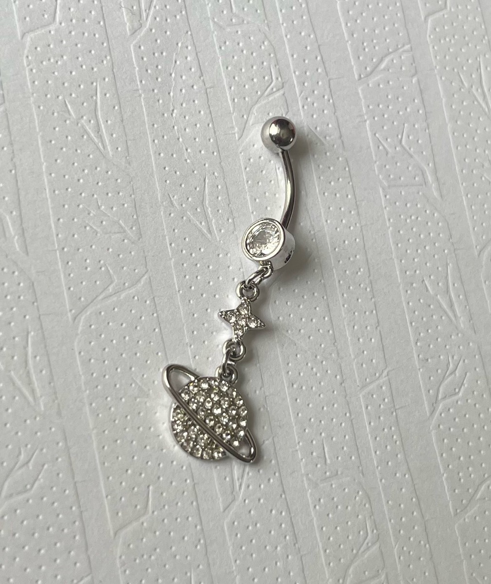 Silver tone silver gem dangly planet belly bar