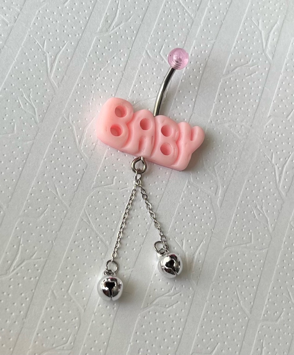 Silver tone pink ‘baby’ dangly bells belly bar