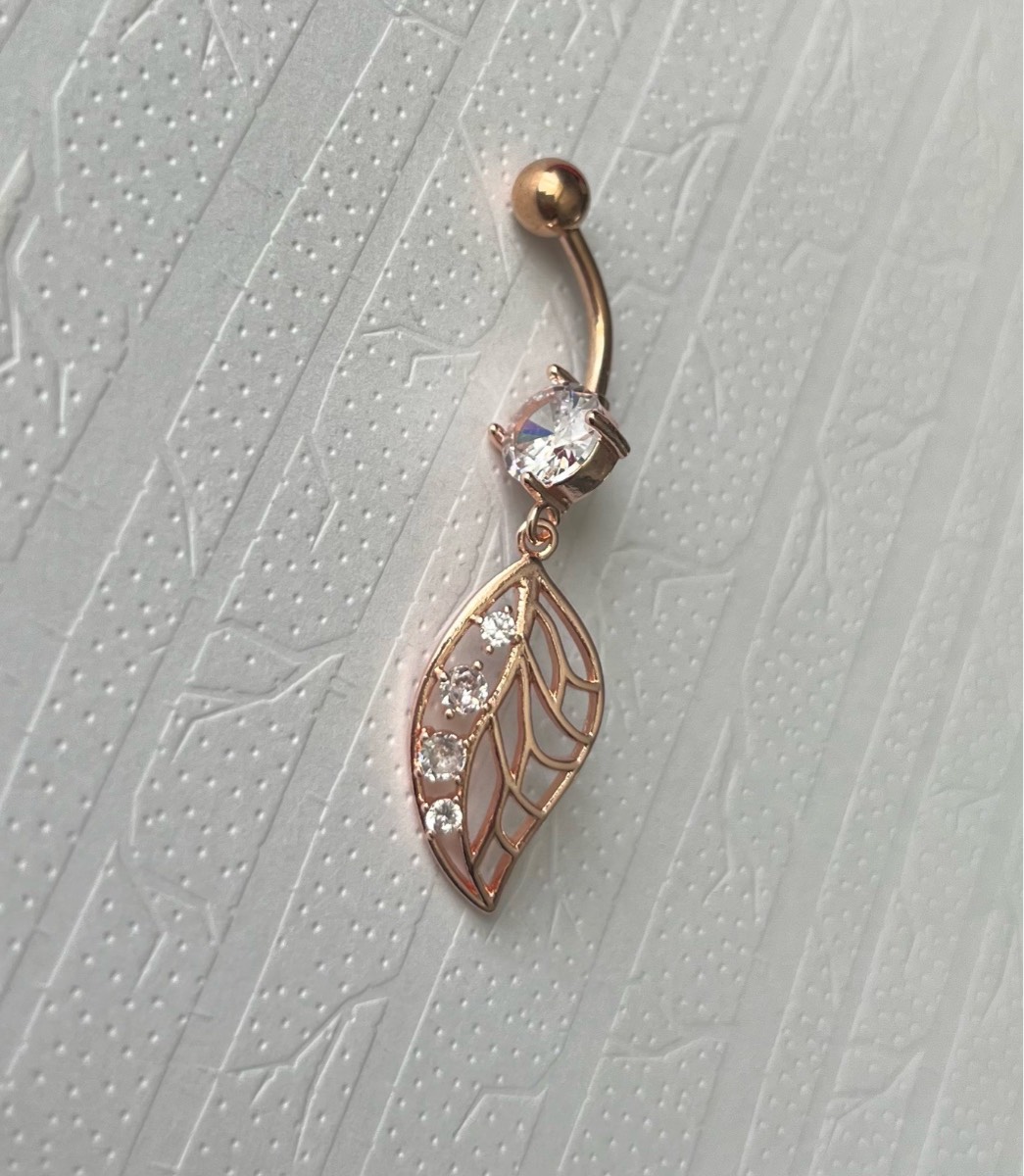 Stainless steel rose gold leaf dangly belly bar