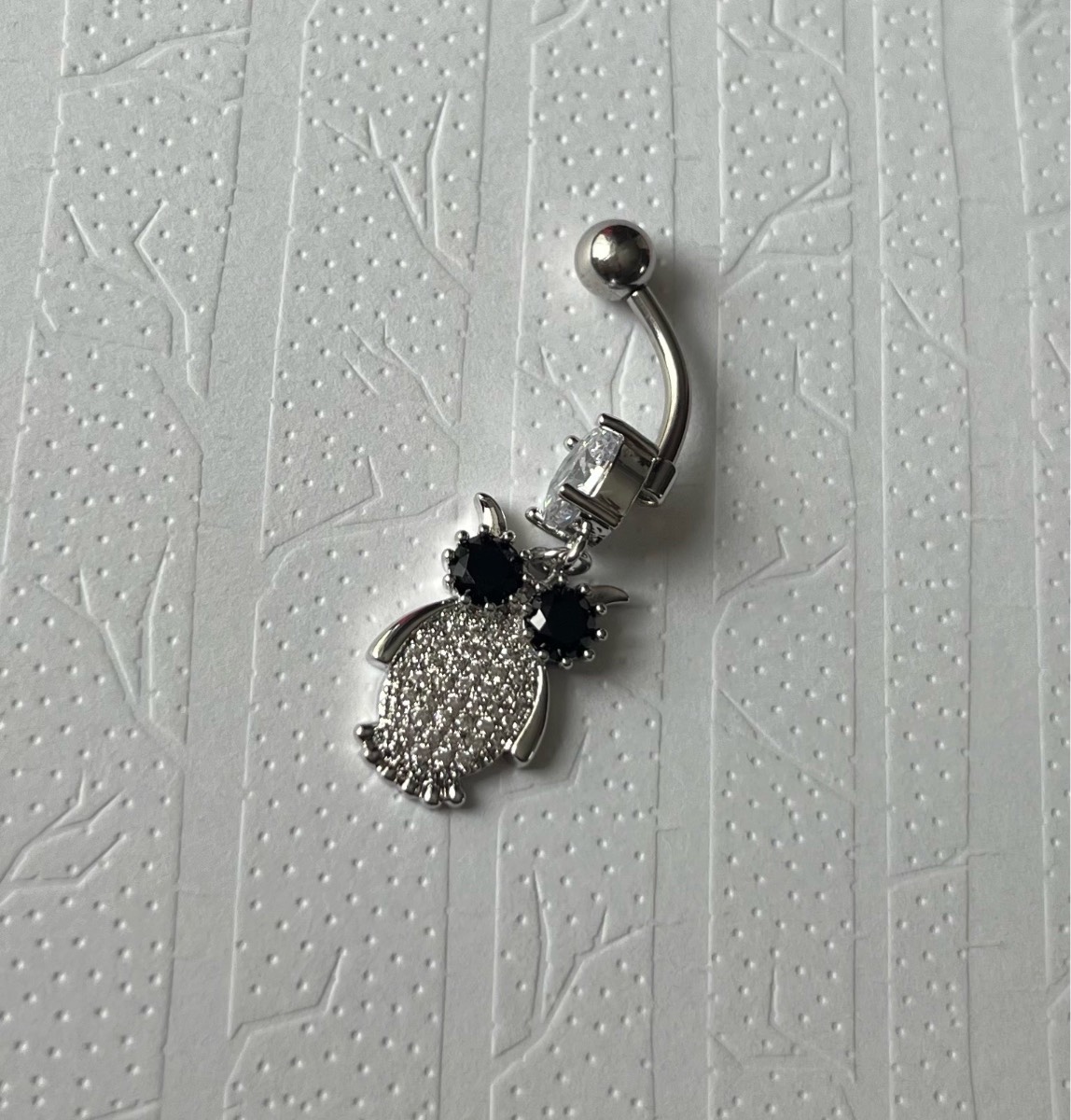 Silver tone silver gem owl dangly belly bar