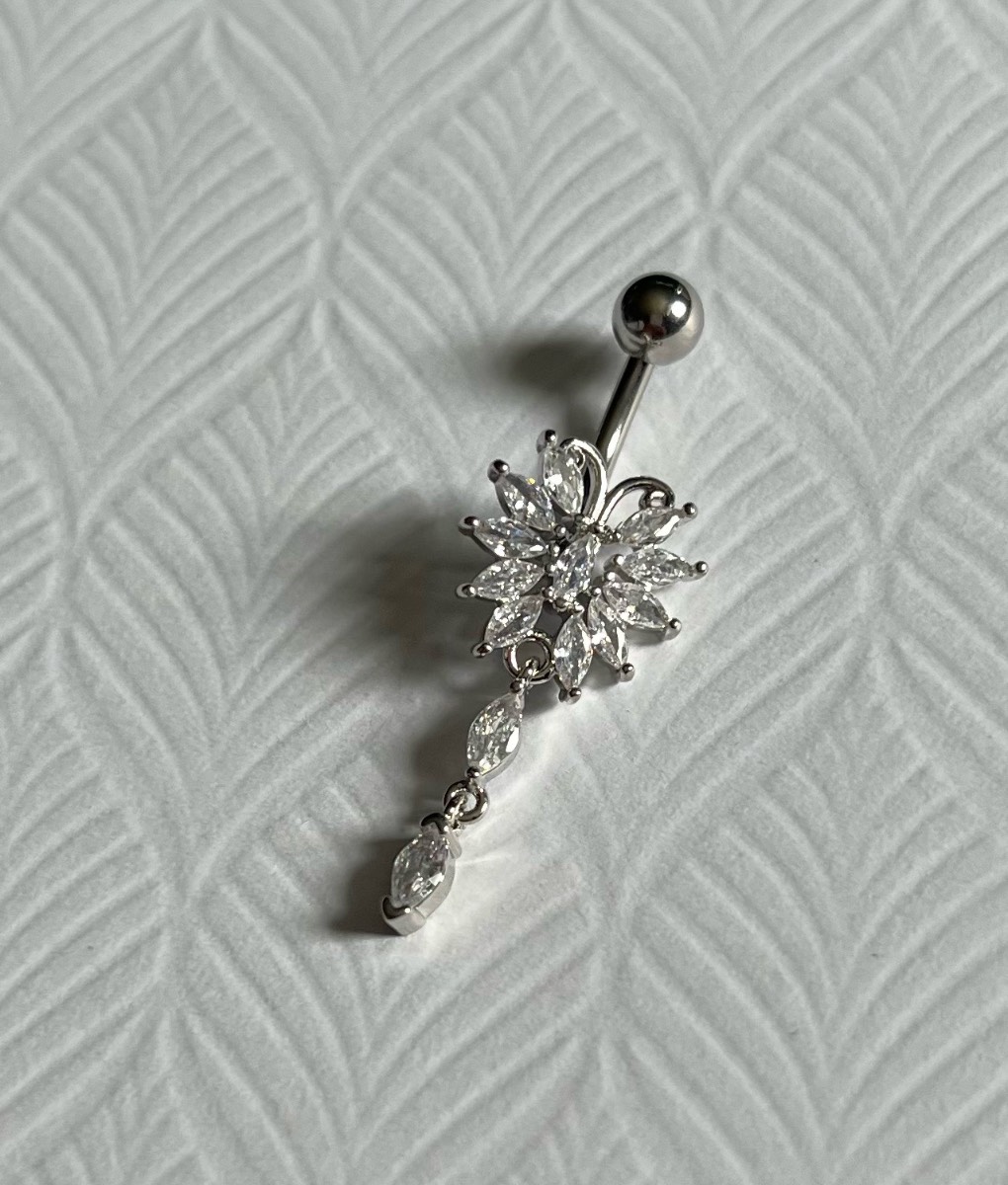 Silver gem butterfly dangly belly bar