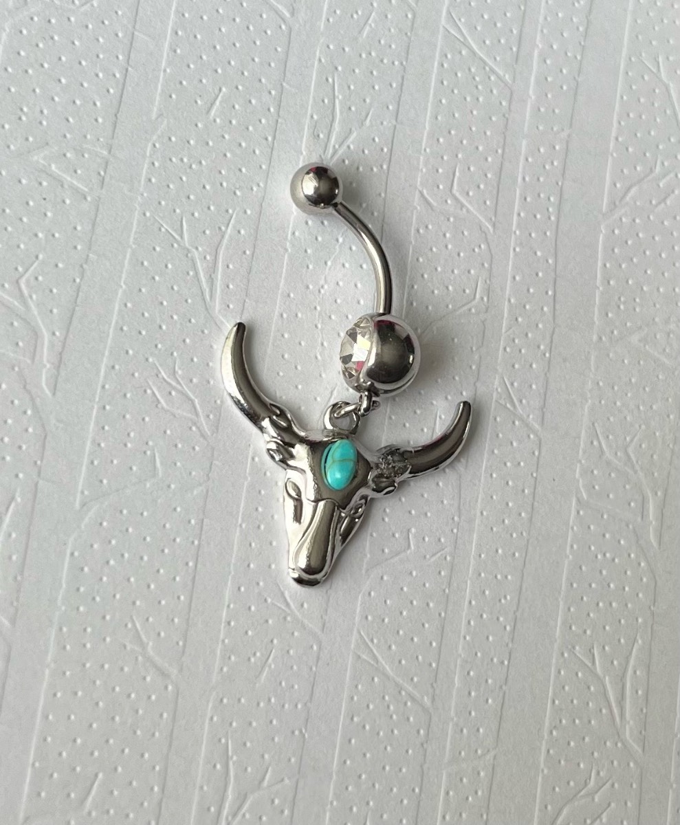 Stainless steel bull and horns dangly belly bar
