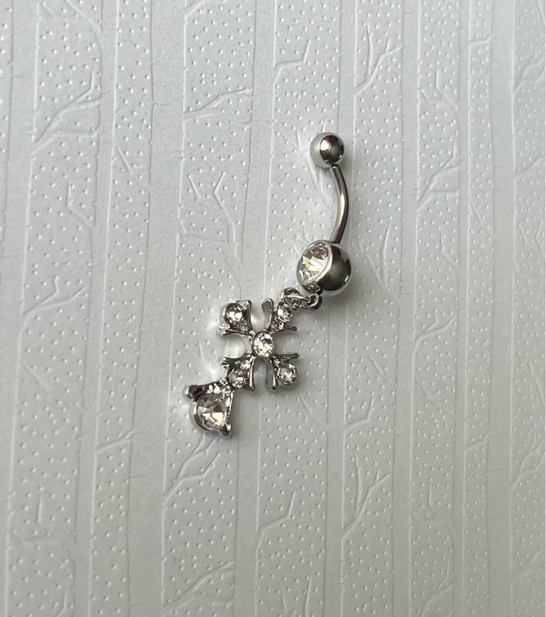 Stainless steel silver gem cross dangly belly bar