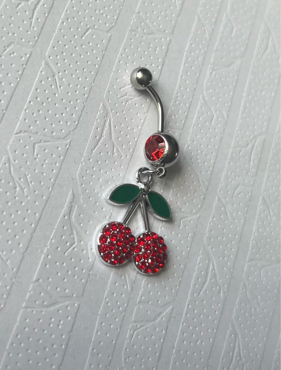 Silver tone red gem cherry dangly belly bar
