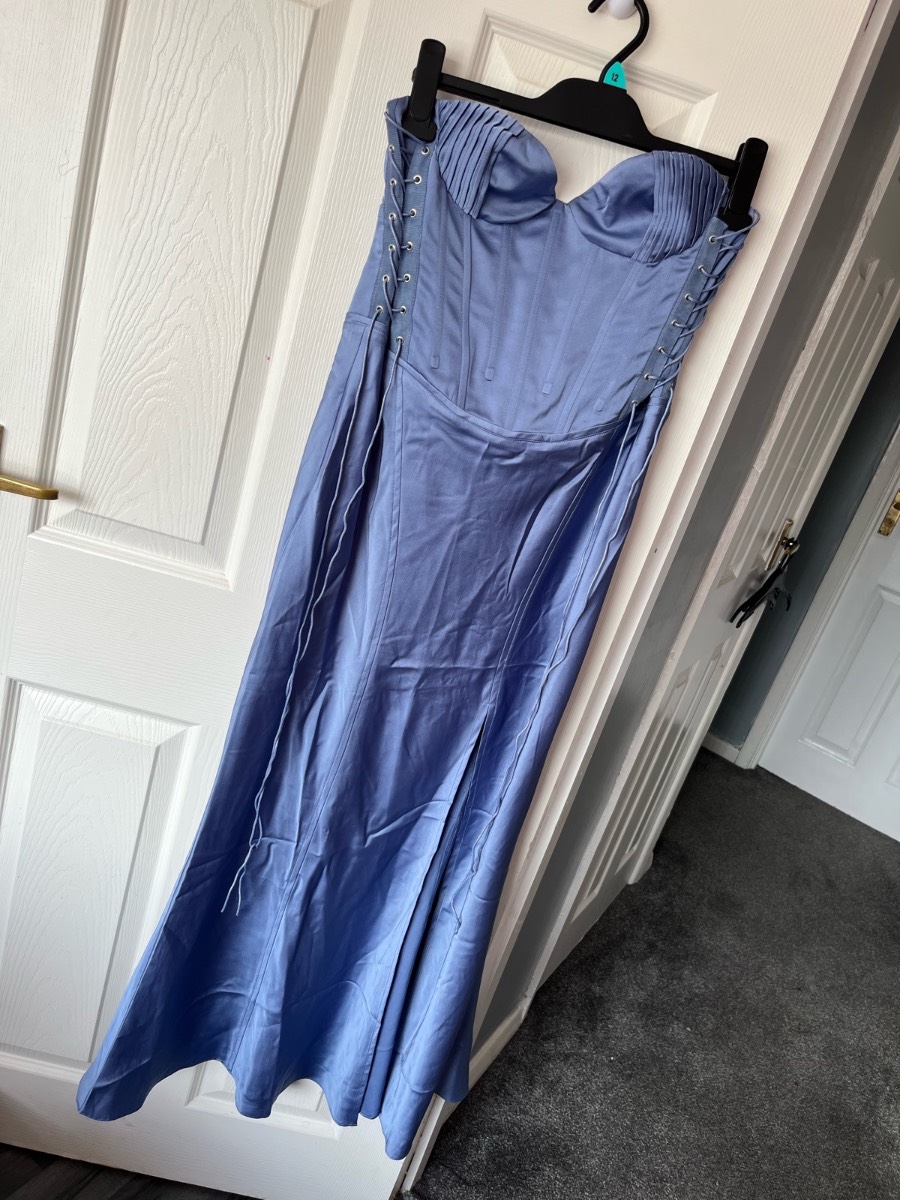 Women’s blue satin strapless corset gown