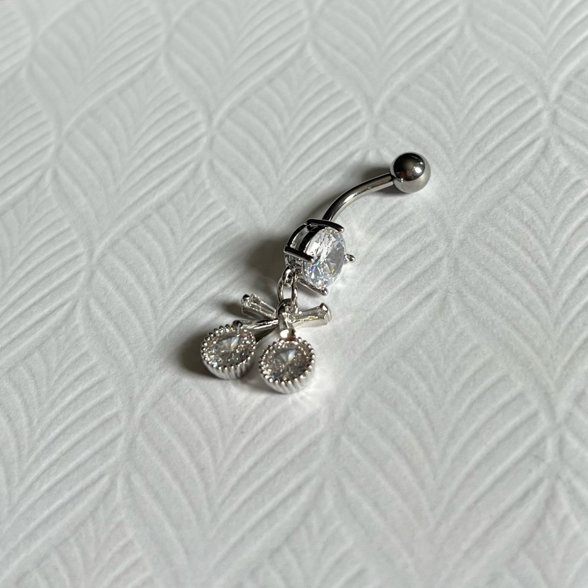 Stainless steel silver gem dangly cherry belly bar