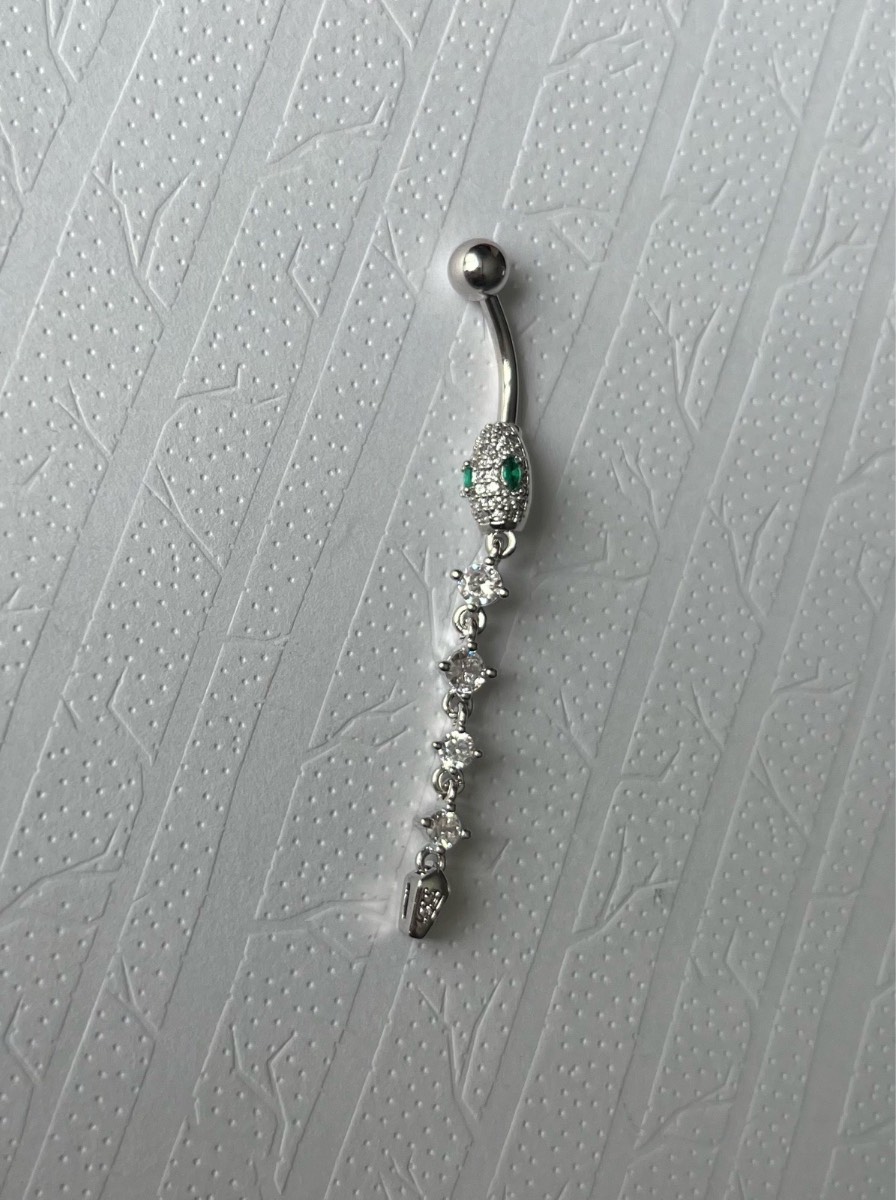 Stainless steel silver gem snake dangly belly bar