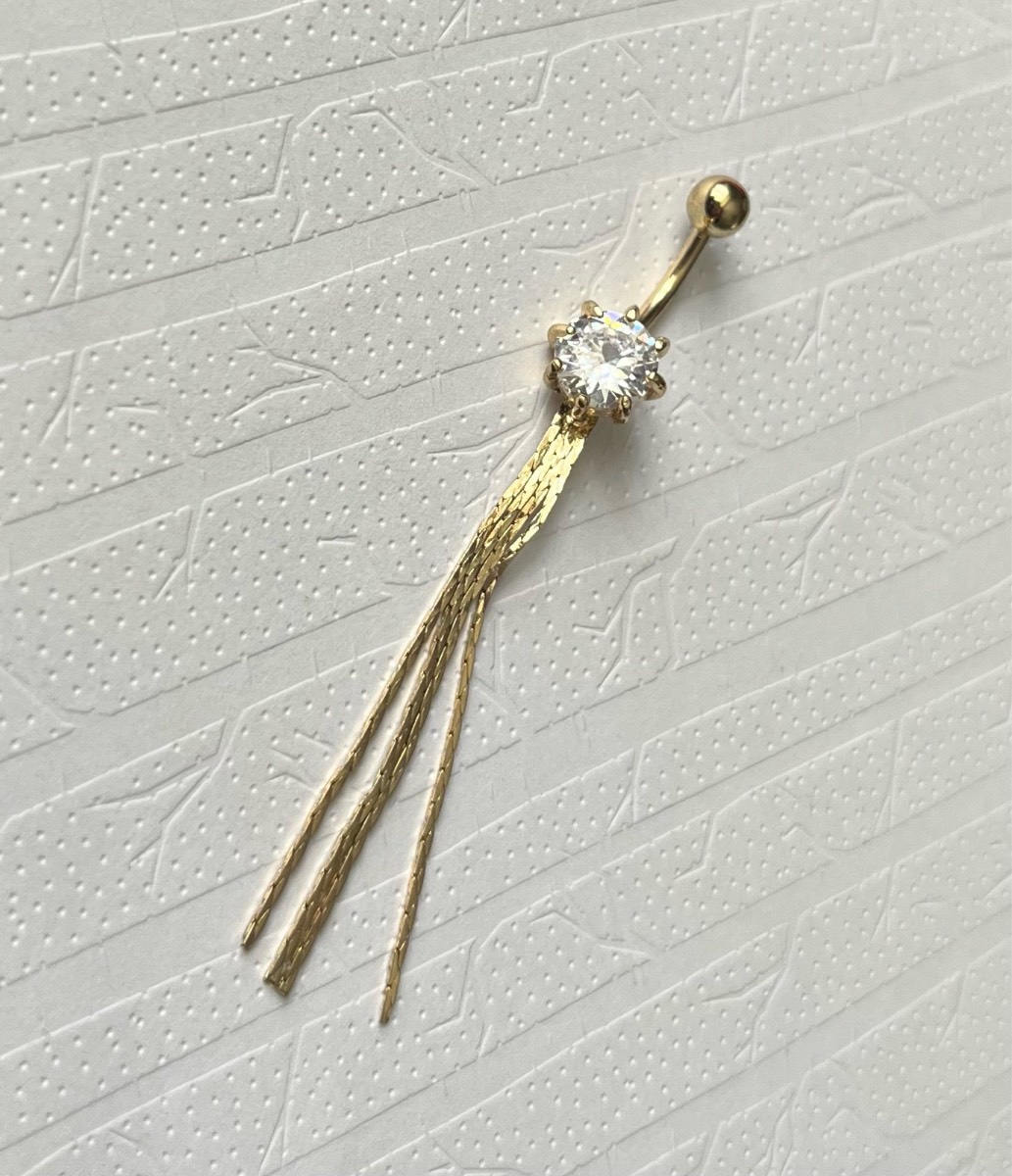 Stainless steel gold tone silver gem dangly belly bar