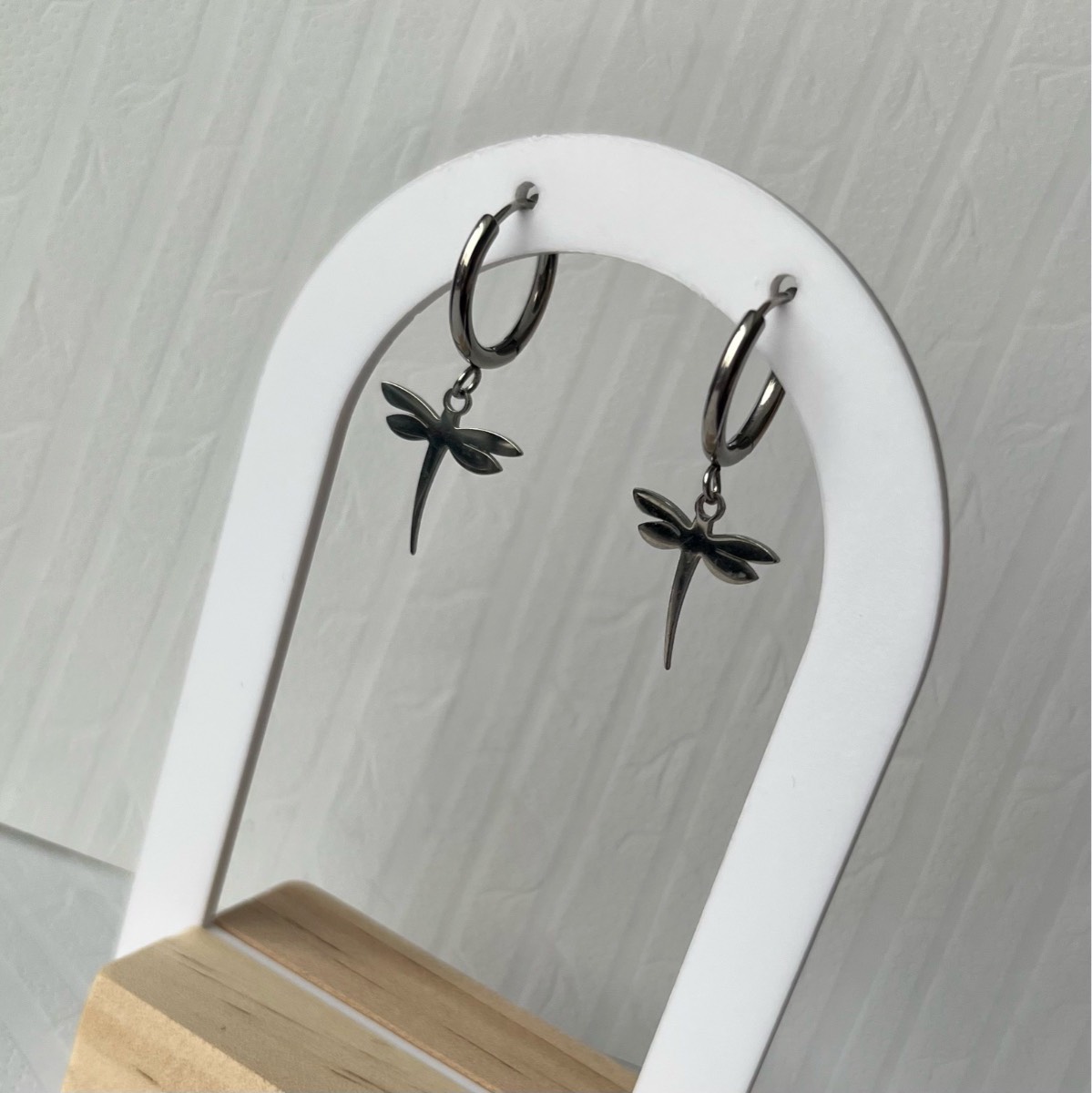 Stainless steel silver hoop dangly dragonfly earrings