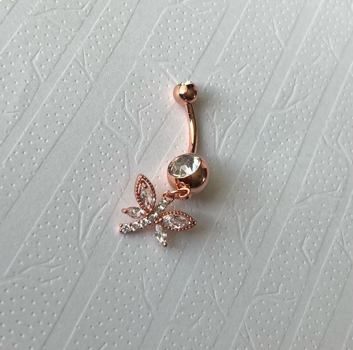 Rose gold tone with silver gems dangly dragonfly belly bar