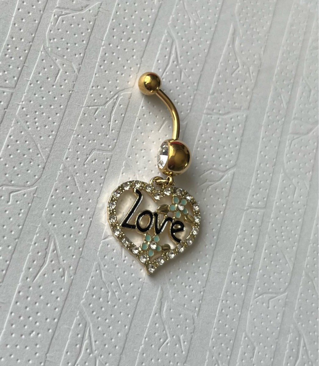 Stainless steel gold tone heart dangly belly bar