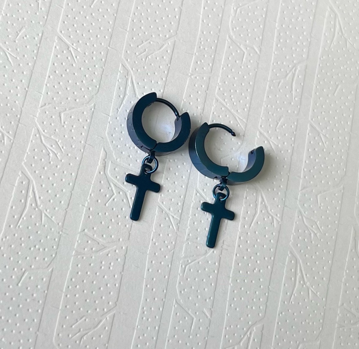 Stainless steel blue hoop dangly cross earrings