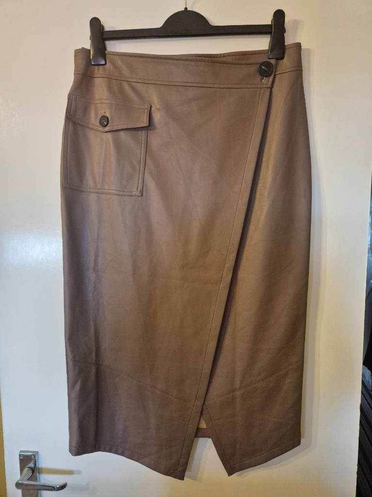 River Island Tan Faux Leather Wrap Skirt - Size 14