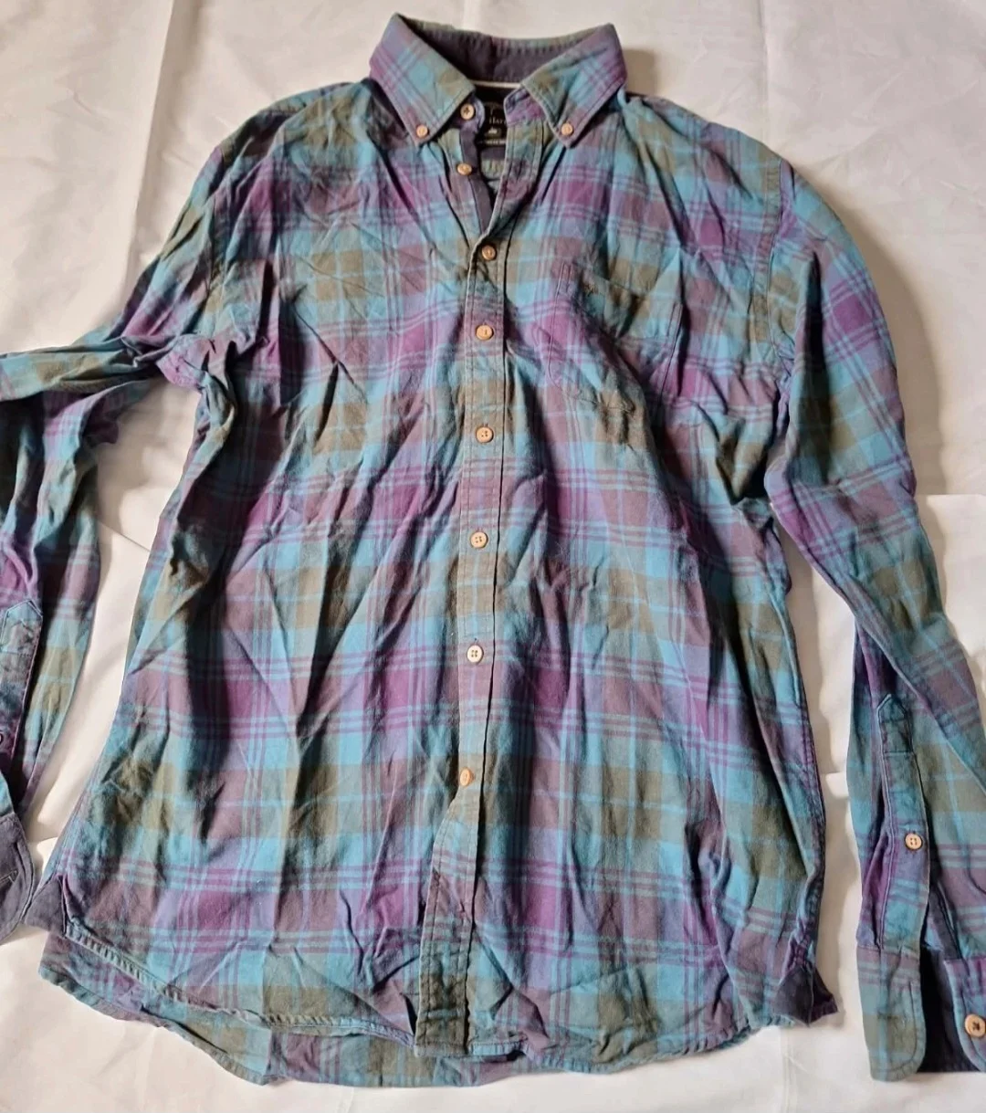 Fynch-Hatton Tartan Check Oxford Shirt Purple & Teal Size Large