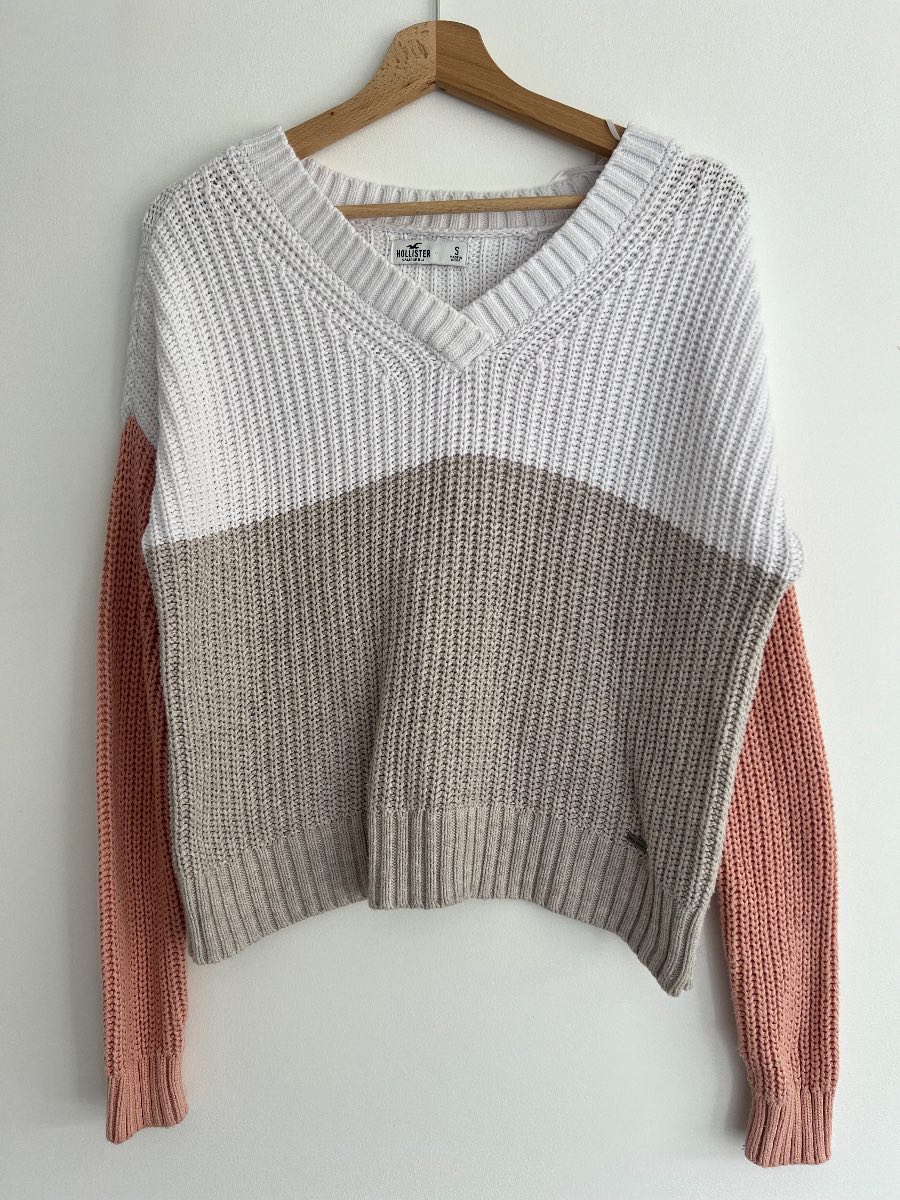 Hollister Colour Block Chunky Knit Jumper White Beige Pink Size S