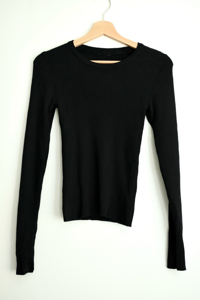 Black Ribbed Long Sleeve Stretch Top UK 8 Basic Fitted Casual