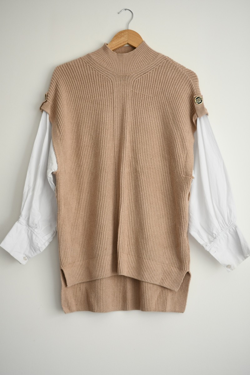 River Island Beige 2 In 1 Knitted Jumper Shirt High Neck Gold Button M