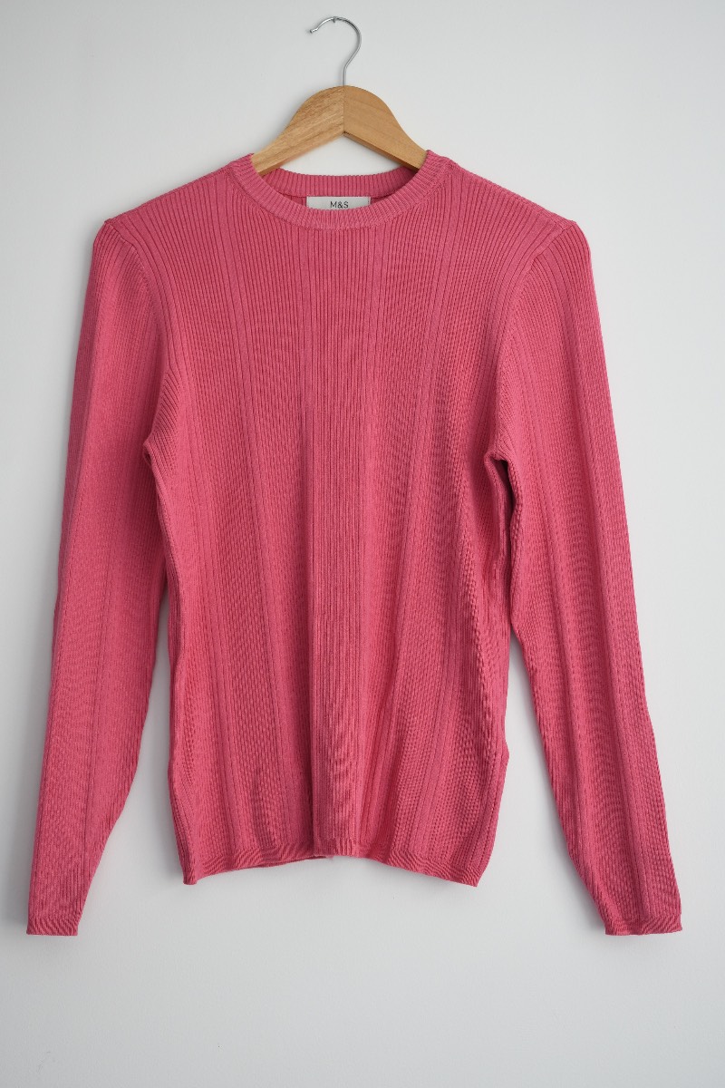 M&S Pink Ribbed Knit Jumper Soft Stretch Everyday Casual Size 16