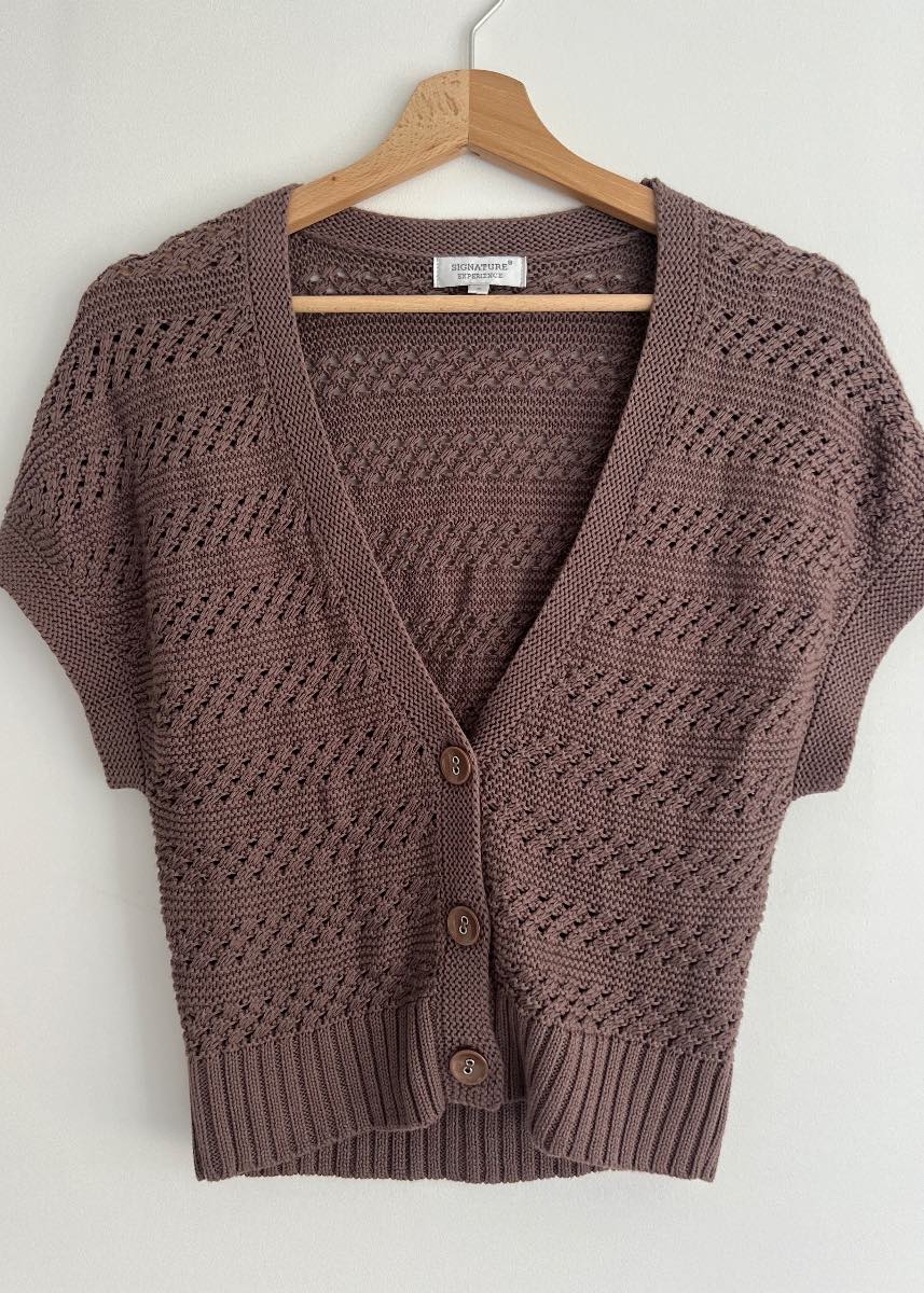 Signature Experience 100% Cotton Knitted Cardigan Brown Short Sleeve Size S