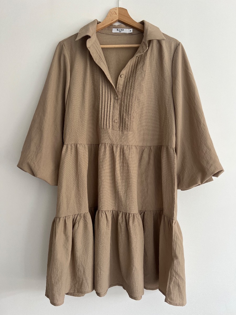 NA-KD Beige Shirt Dress Tiered Mini Dress Size 38 Oversized Long Sleeve