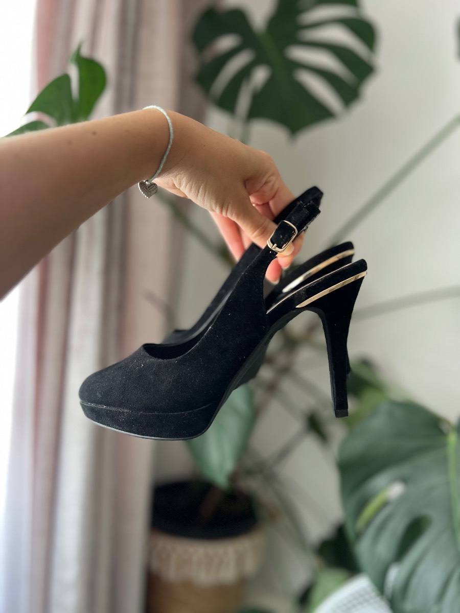New Look Black Faux Suede Slingback Platform Stiletto Heels UK4 EU37 Party Shoes