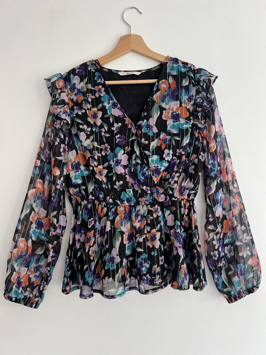 TU Woman Floral Sheer Peplum Blouse – UK 10 Black Purple Floral Ruffle V Neck