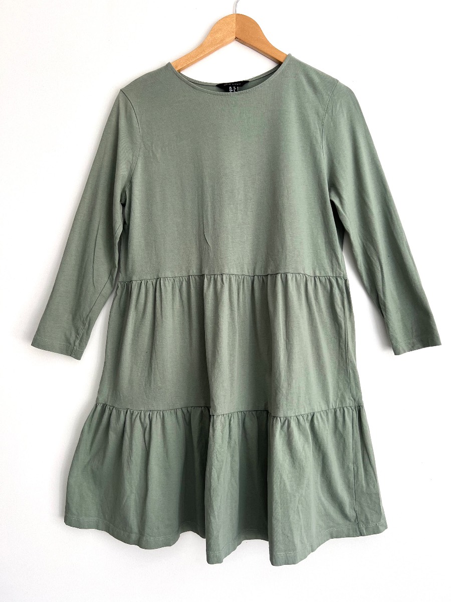 New Look Sage Green Smock Dress Tiered Cotton Summer Dress UK 12 Casual