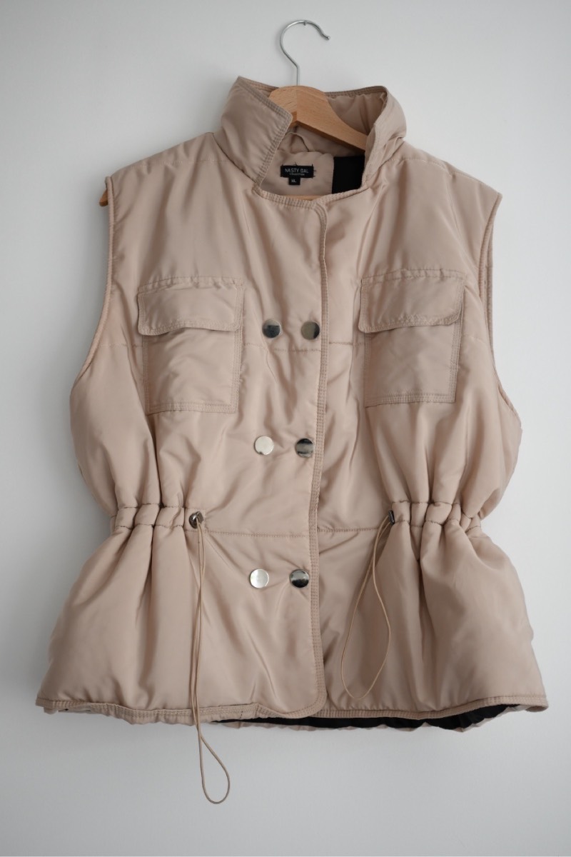 Nasty Gal Beige Padded Gilet XL Sleeveless Waist Tie Utility Bodywarmer