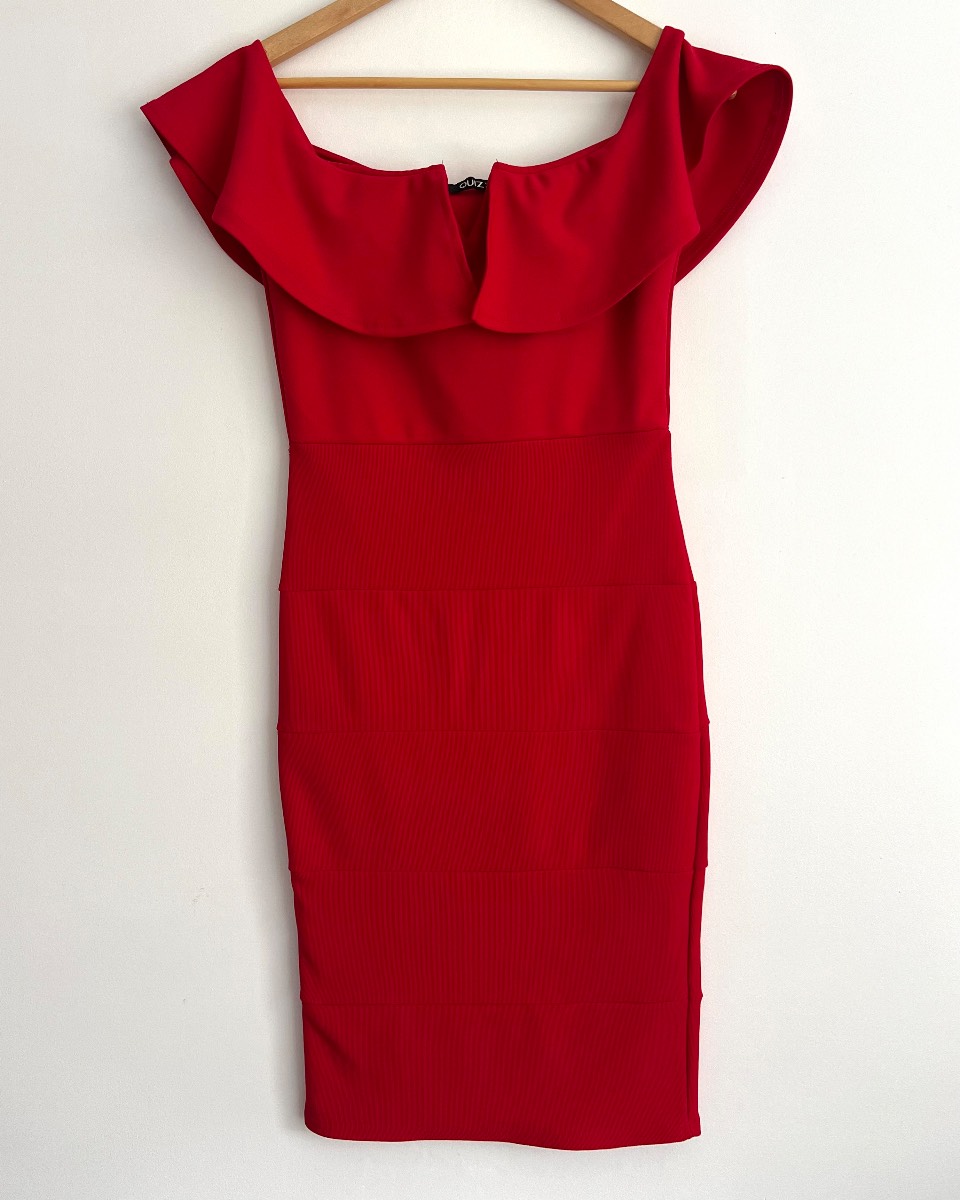 Quiz Red Bardot Frill Bodycon Midi Dress UK 10 Party Wedding Occasion
