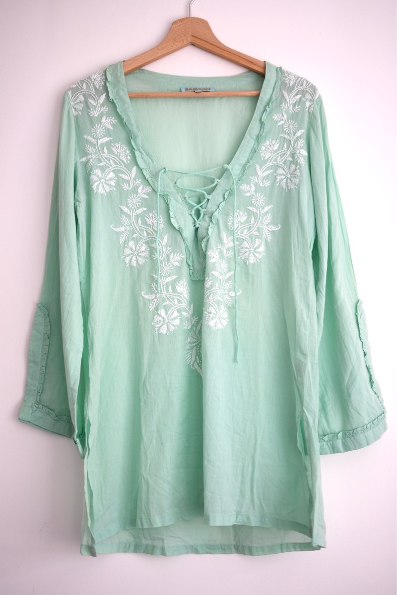 Samson 100% Cotton Beach Cover Up Boho Tunic Embroidered Mint Top S