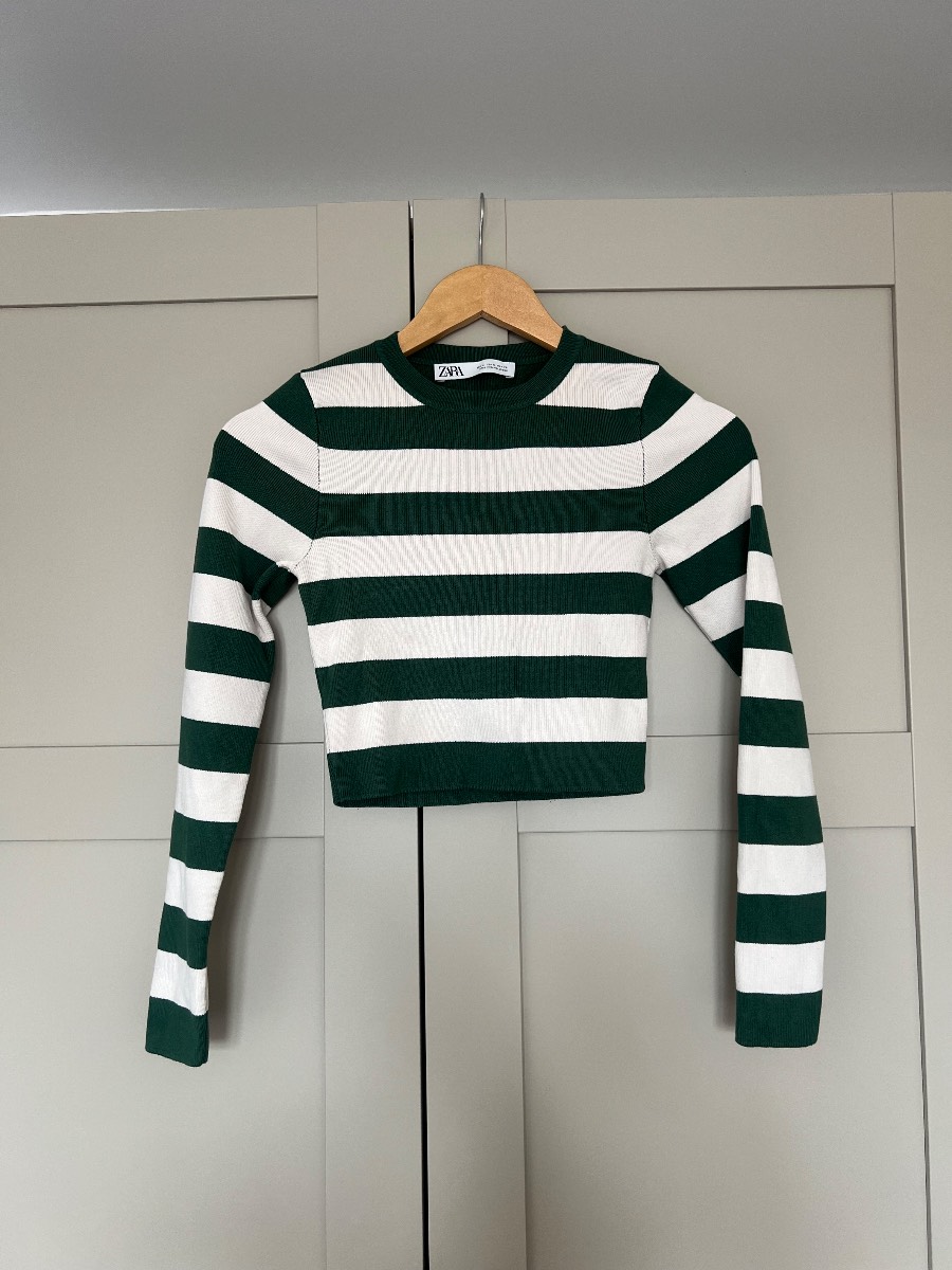 Zara Striped Ribbed Knit Crop Top Long Sleeve Green White Size S / xs