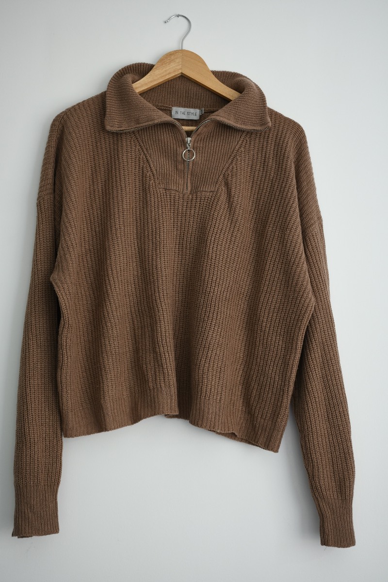 In The Style Brown Chunky Knit Zip Neck Jumper Oversized Size 14/16