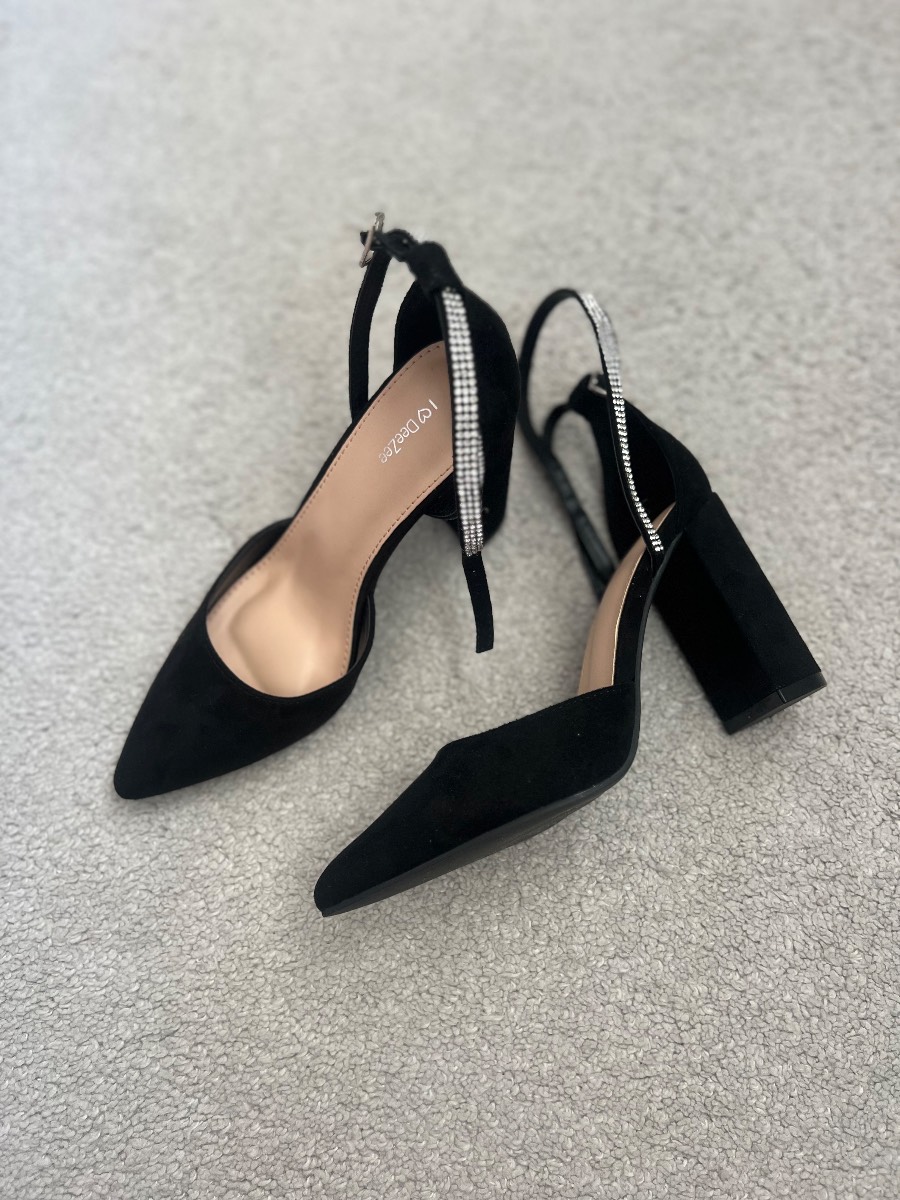 DeeZee Black Block Heel Court Shoes Diamante Ankle Strap Pointed Toe Party Occasion Heels UK 4 EU 37