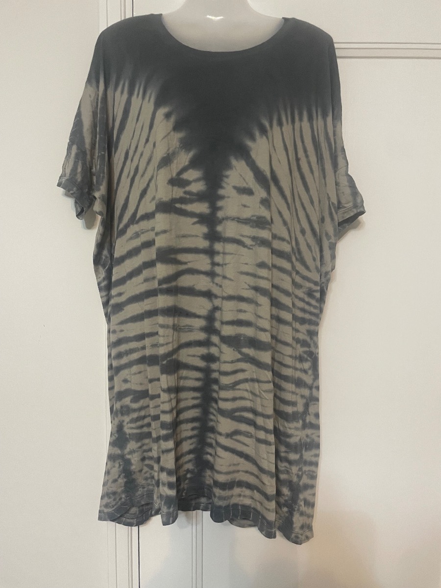 Grey & Black Religion Tie-Dye Fringe Tunic Dress / Longline Top – Boho Festival Style – One Size